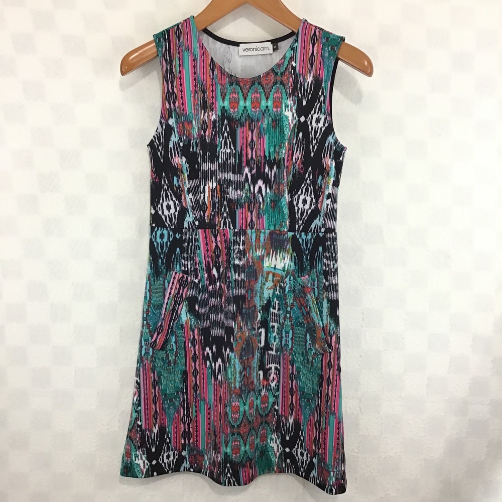 Veronicam Womens Small Ikat Geometric Print Sleeveless Mini‎ Dress with Pockets